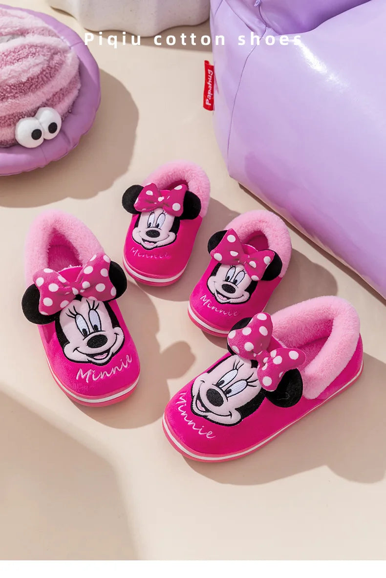 Disney Minnie Children Cotton Slipper Bag Heel Winter Boy Baby Non-slip Hair Mop Indoor Home Shoes Warm Cute Cotton Shoes Winter