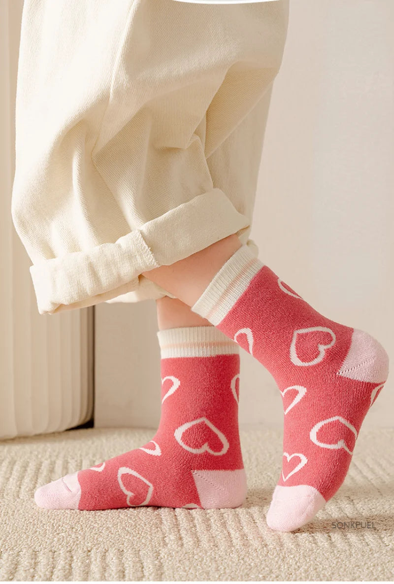 5 Pairs/Lot Kids Soft Cotton Socks Korean Love Heart Flower Print Baby Girl Socks Autumn Winter Warm Children Middle Tube Socks