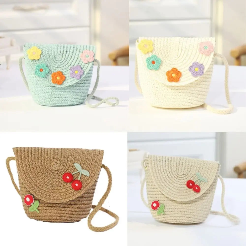 Cute Children's Woven Straw Bag Handmade Bucket Flower Shoulder Bag Woven Crossbody Bag Girls Key Coin Purse Bag