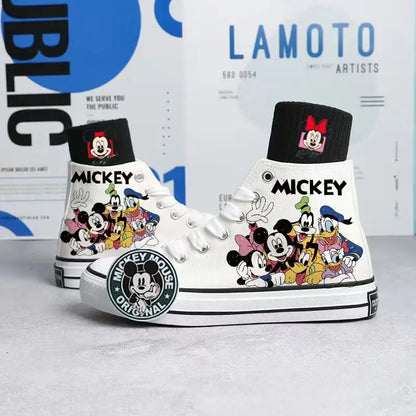 2024 Spring/Summer New Disney Mickey Printed Canvas Shoes for Boys Girls Hand Painted Sneakers Korean High Top Shoes for Women