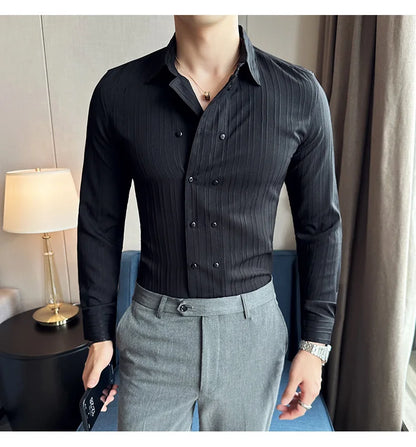 British Style Men Double Breasted Shirt 2023 Autumn New Long Sleeved Striped Slim Fit Shirts Formal Business Social Party Tuxedo