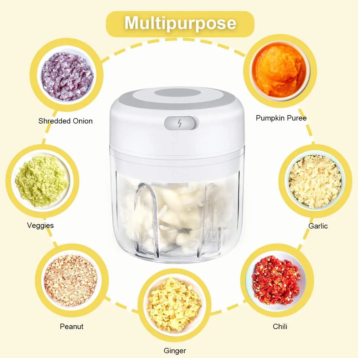 Electric Mini Garlic Chopper, Portable Food Processor, Vegetable Chopper Onion Mincer, Cordless Meat Grinder with USB Charging