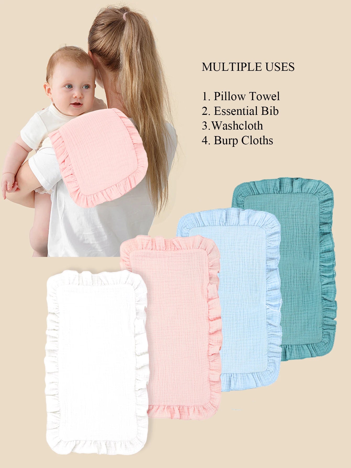 4Pcs/Set Soft Muslin Cotton Gauze Shoulder Rag Baby Burping Pad Ruffle Newborn Baby Burp Cloths