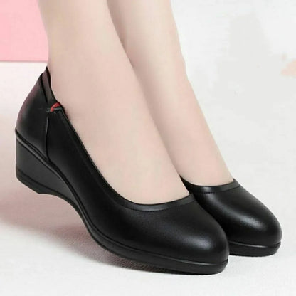 Women Fashion Light Weight Wedge Heel Comfort Spring & Autumn Shoes Lady Casual Sweet Home & Outside Black Leather Pumps E1419