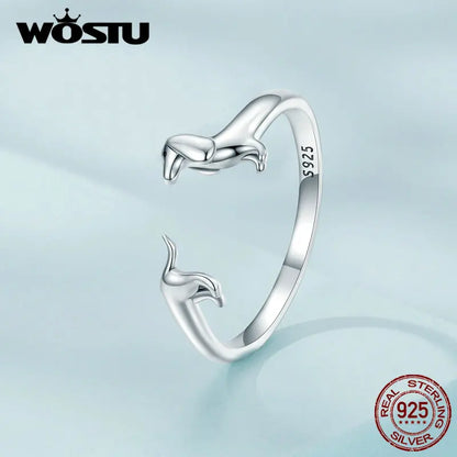 WOSTU Real 925 Sterling Silver Cute Dachshund Dog Adjustable Rings for Women Original Open Animal Ring Fine Family Jewelry Gift