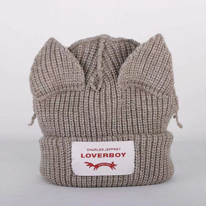 2023 Loverboy Cat Ear Knit Hat solid Warm Pig Ear Woolen Hat Cute Fashion Hooded Cap Niche Design Hip-hop Personality Cold Hat