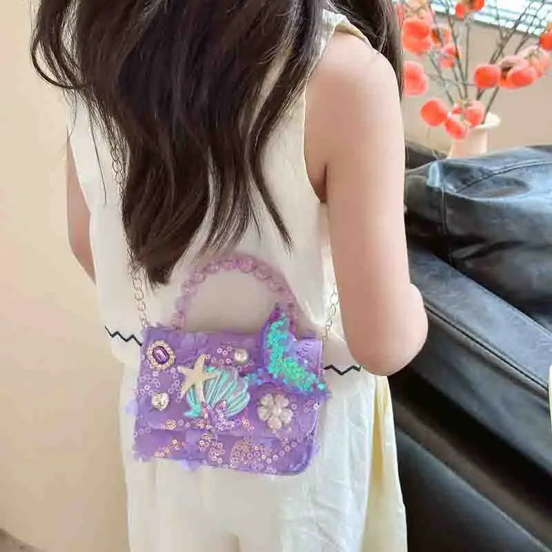 Mermaid Children's Pearl Handbag, Starfish Shell Butterfly Princess Accessories Shoulder Bag, Kawaii Cute Girls Crossbody Purse