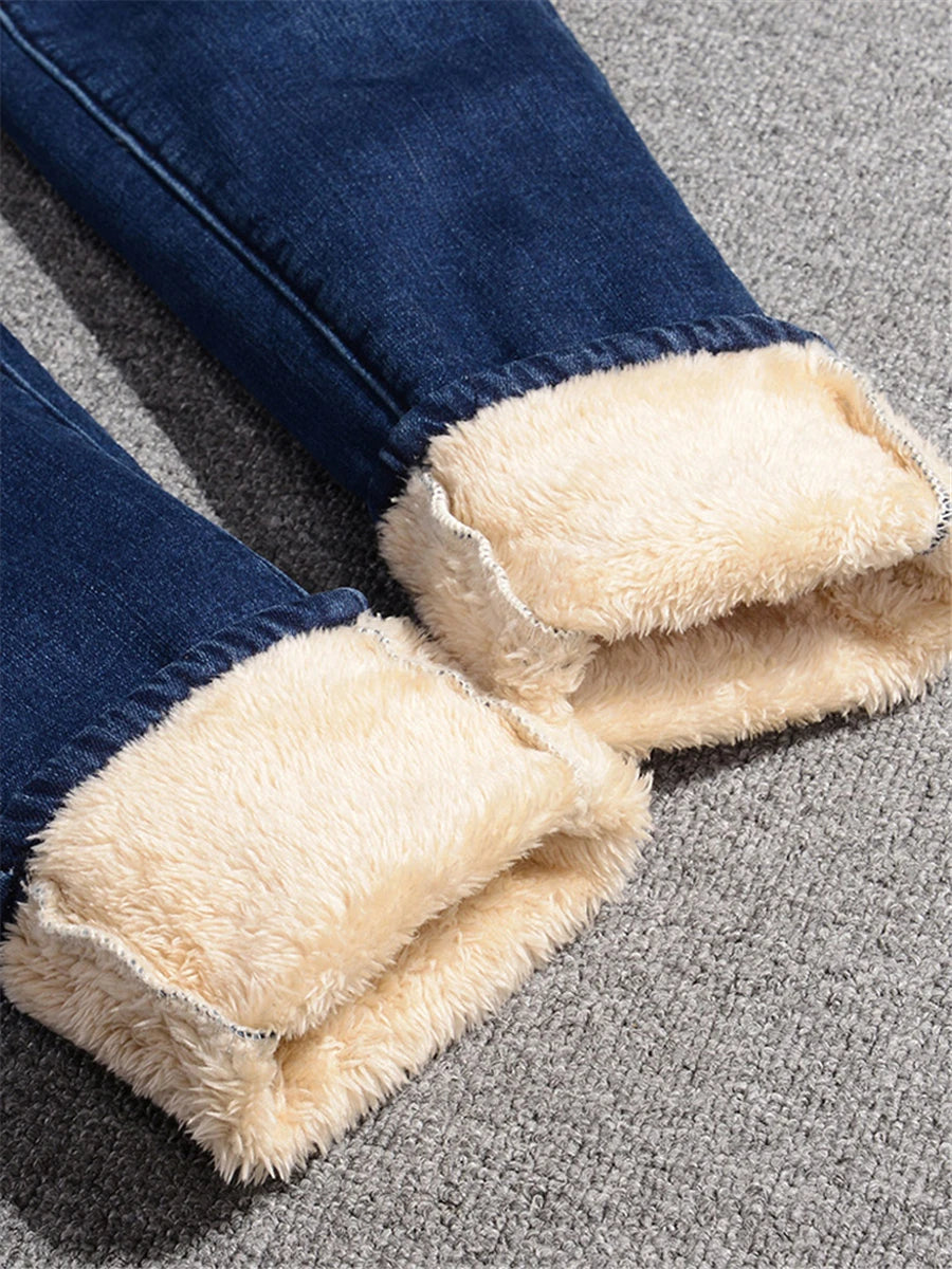 Winter Fleece Lined Denim Pencil Pants Women Thicken Warm Lamb Fluff Jeans High Waist New Slim Vaqueros Big Size 34 Kot Pantolon