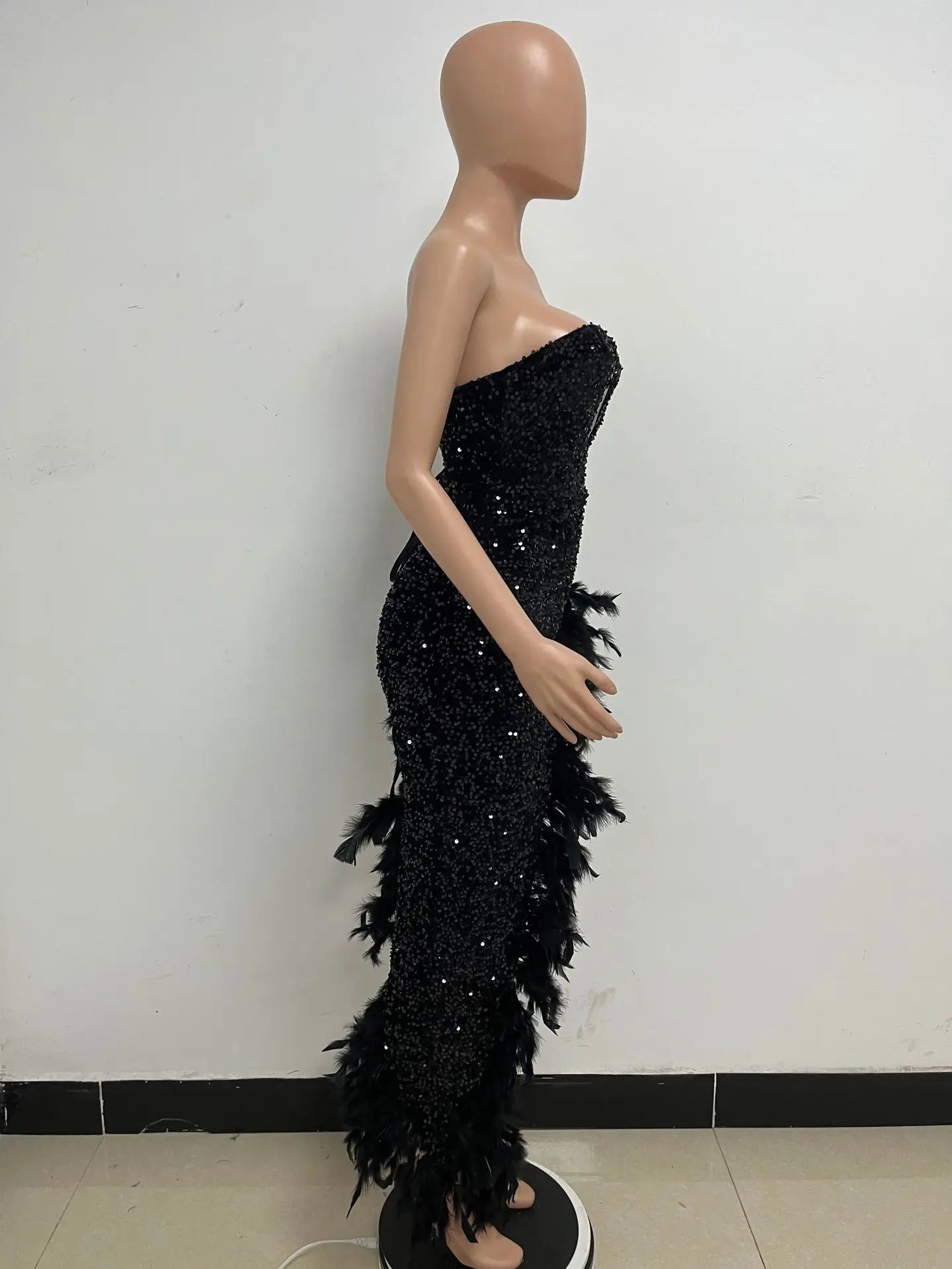 Women Evening Dresses Asymmetrical Shiny Sequins Feather Cocktail Party Dress Sexy Strapless Long Formal Prom Dresses Xiny189