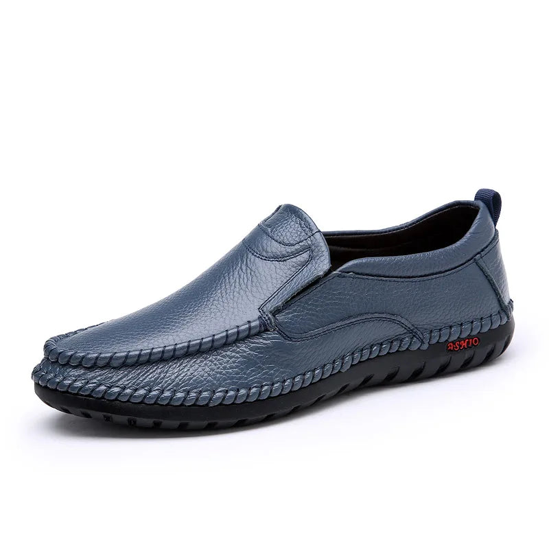 Breathable Genuine Leather Men Shoes Summer Slip On Loafers Men Casual Leather Shoes Blue Flats Hot Sale Driving Shoes Moccasins