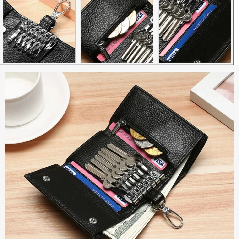 New Key Holder Wallet Genuine Leather Unisex Solid Key Wallet Organizer Bag Car Housekeeper Wallet Card Holder Keychain Leather