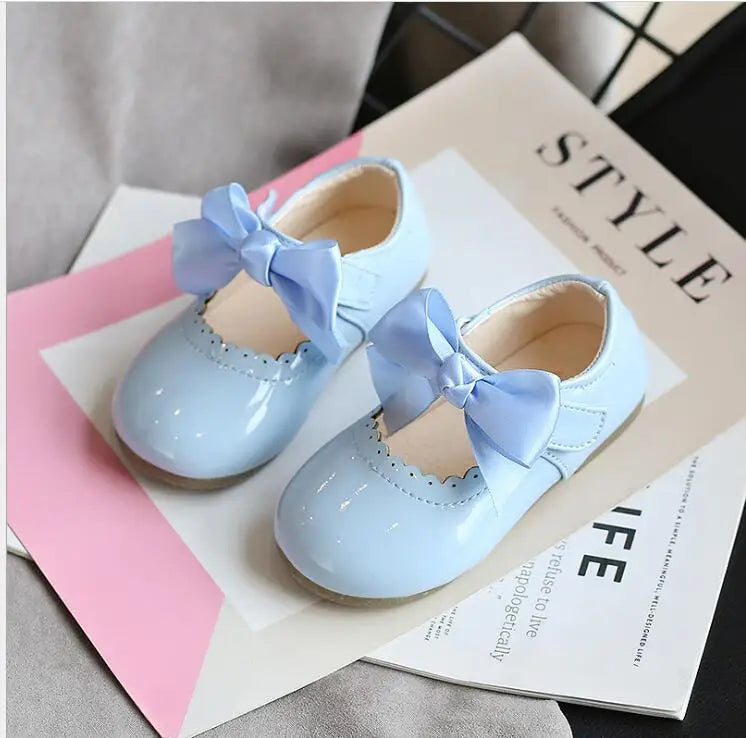 Newest Spring Autumn Baby Girls Fashion Patent Leather Big Bow Princess Mary Janes Party Shoes Solid Color Student Flats Shoes