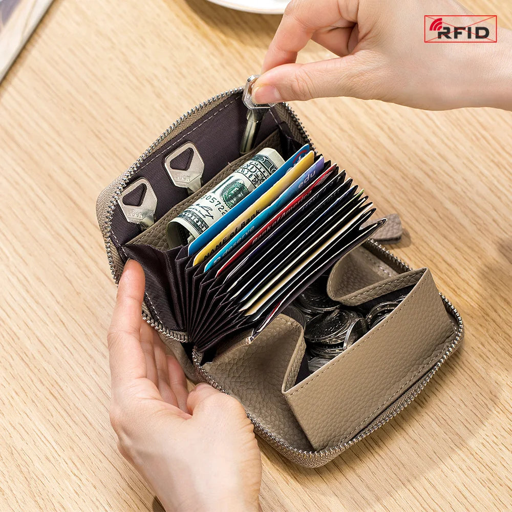 Genuine Leather Short Wallet RFID ID Bank Credit Organ Card Holder Cowhide Mini Coin Purse Bag Clutch Key Pouch For Men Women