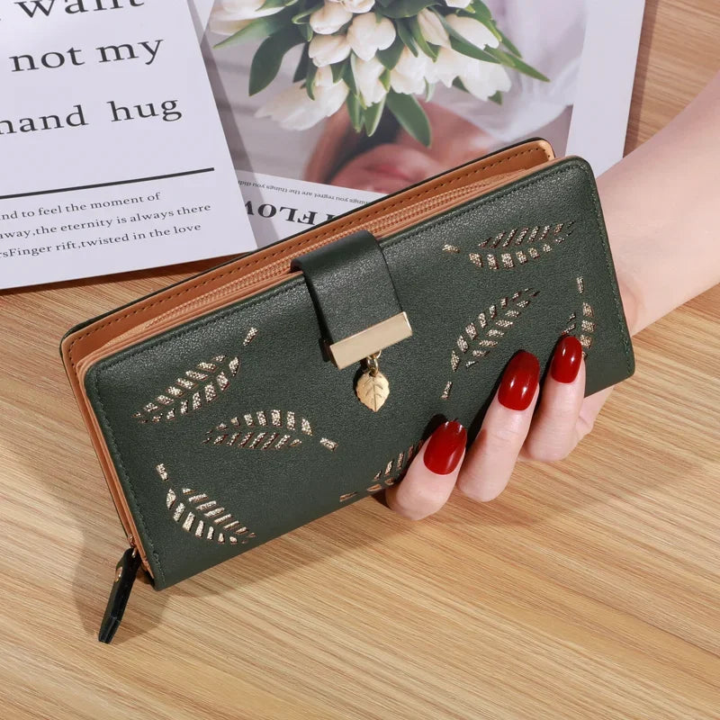 Women Wallet PU Leather Purse Female Long Wallet Gold Hollow Leaves Pouch Handbag For Women Coin Purse Card Holders Clutch