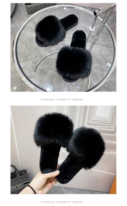 New Woman Slippers Winter Simple Word Fur Flats Soft Home Women Slippers Faux Fur Warm Bedroom Leisure Female Shoes