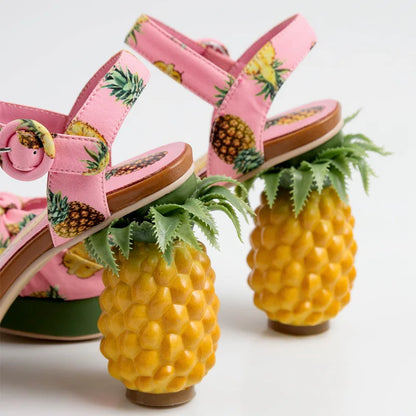 Summer Pink Pineapple Print Open-toe Platform Sandals Sweet Women High-heel Buckle Strappy Women Shoes Lovely Sandalias Mujer