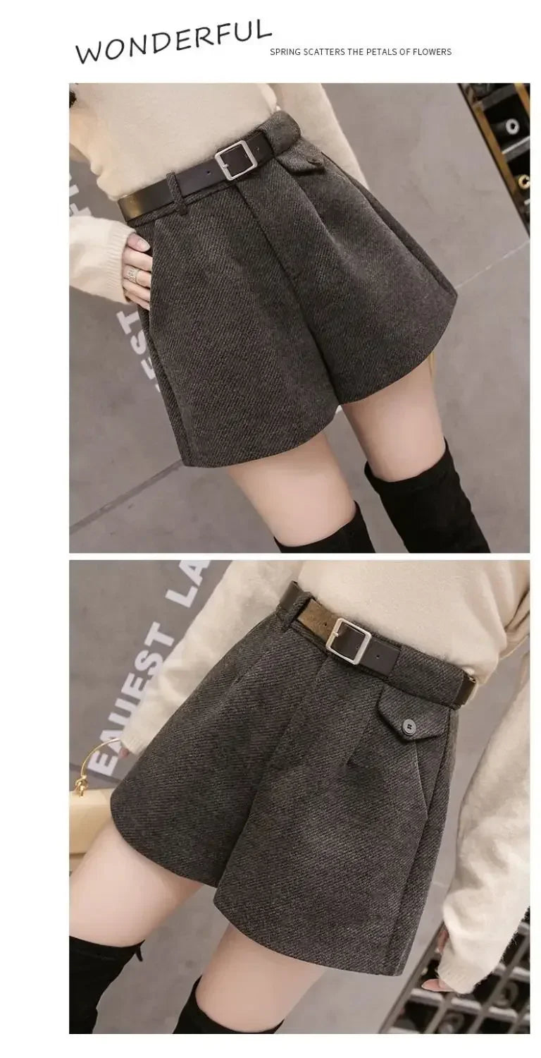 2024 New Women's Woolen Shorts A-line Loose High-Waisted Casual Thick Boots Pants for Autumn Winter Comfortable Bootcut Black