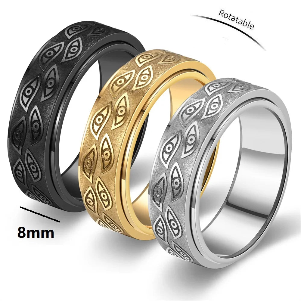 Anti Stress Stainless Steel Spinner Rings For Men Carved Demon Eye Rotatable Fidget Anxiety Joint Ring Jewelry Bague Homme