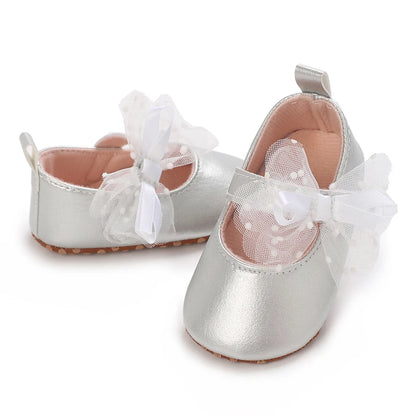 Silver Princess Shoes 0-18M Newborn Casual Shoes Baby Bow Non slip Cloth Bottom Flat Bottom PU Newborn Bow Decoration Mary Janes