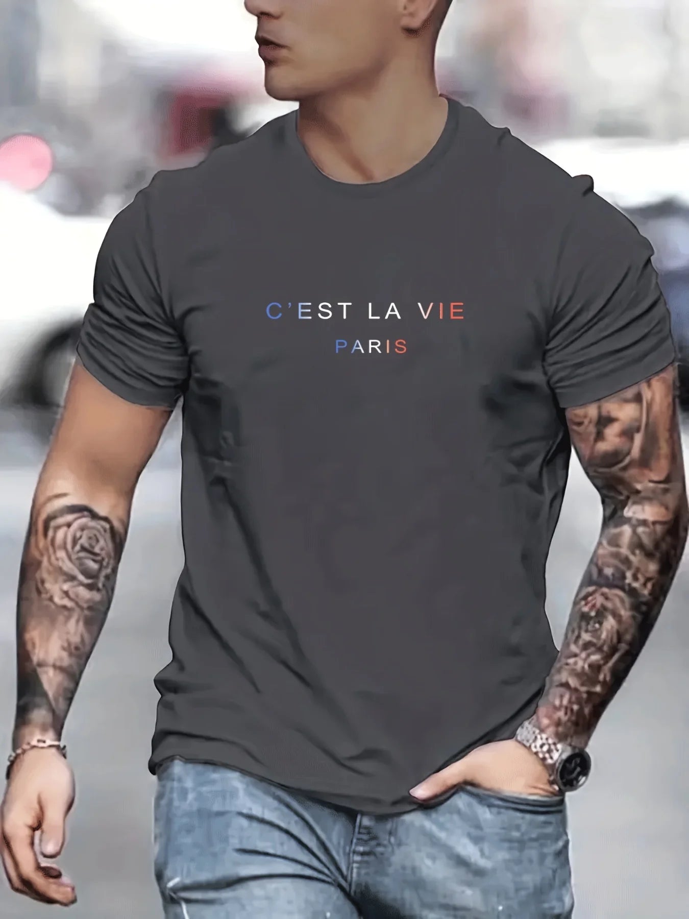 Men's Summer Loose Fit  100 Polyester cest La Vie PrintT-shirt Tops