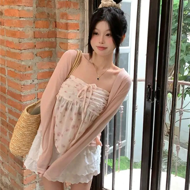 Women's Lace Floral Vest 2024 Summer Top Pink frenum Pleated Design Spice Girl Pure desire Floral Suspenders Summer Inside Vest