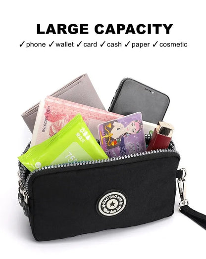 Solid Color Coin Purse Women Handbag Small Wallet Wrinkle Fabric Phone Purse Three Zippers Portable Make Up Bag