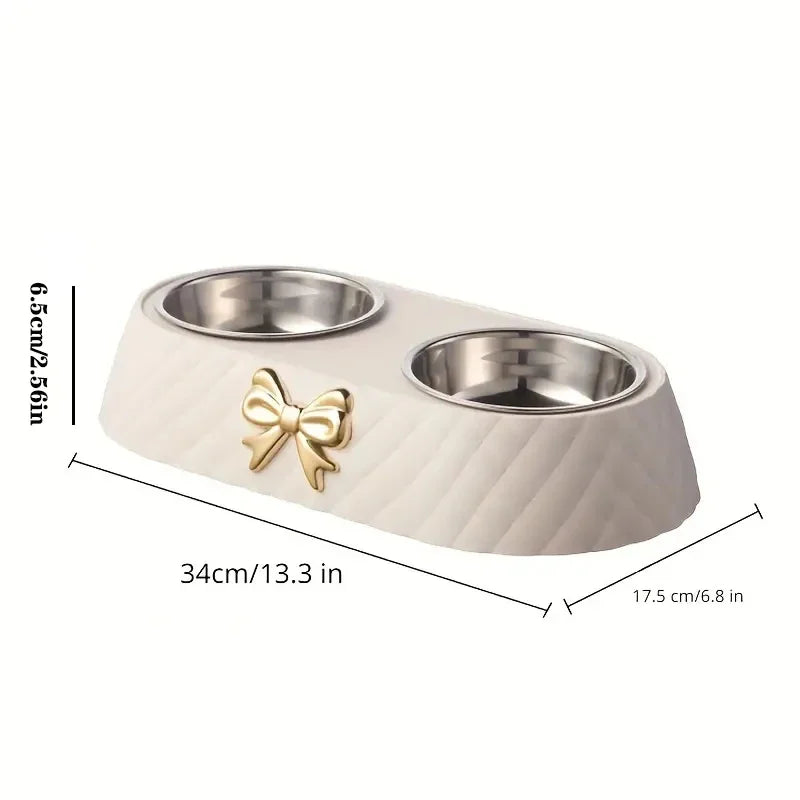 Pet Supplies Bow Tie Cat Food Bowl PP Base Dog Bowl Stainless Steel Double Layer Pet Accessories Feeding and Drinking Double Bow