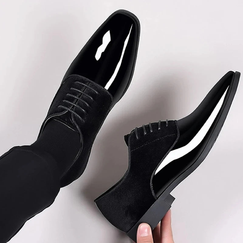 Black PU Patent Leather Shoes for Men Casual Business Shoes Lace Up Formal Office Work Shoes for Male Party Wedding Oxfords