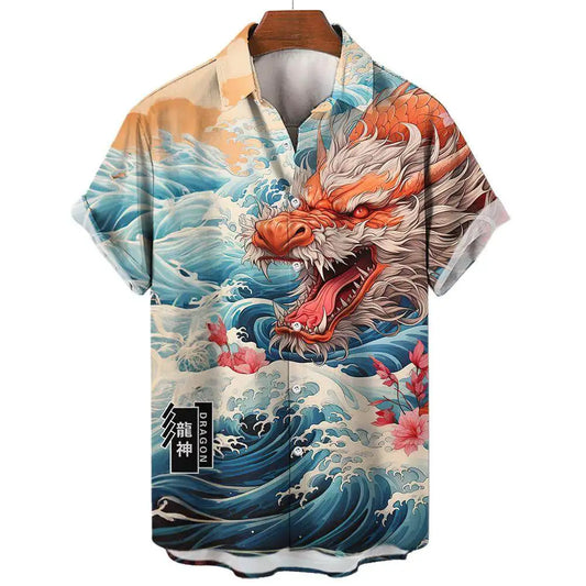 Chinese Mythology Dragon Print Summer Men's Casual Short-sleeved Shirt Street Hip-hop Trend Tops Oversized T-shirt Size S-5XL