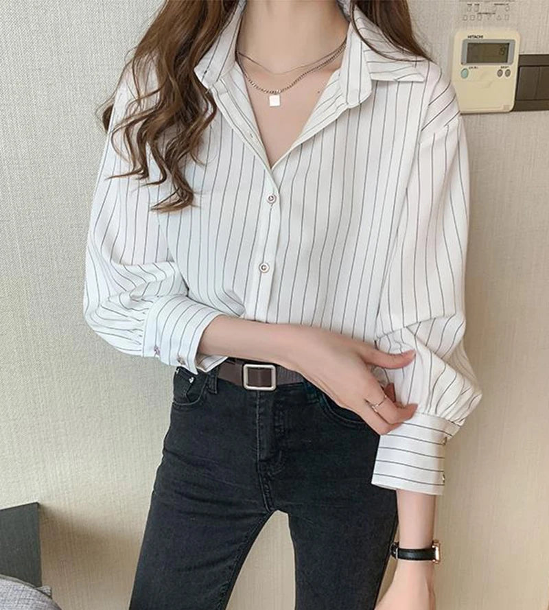 Striped Shirt Women Summer Vintage Chic Loose Long Sleeve Top Y2K Office Ladies Fashion Casual Turn Down Collar All Match Blouse