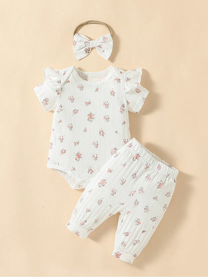 2pcs  Newborn Baby Girls Floral Short Sleeve Summer/Spring Soft Cotton Daily Pantsuit +Headband