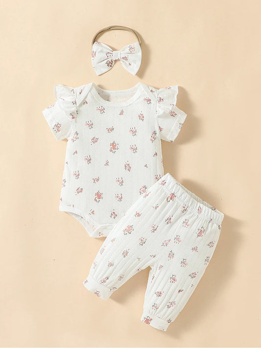 2pcs  Newborn Baby Girls Floral Short Sleeve Summer/Spring Soft Cotton Daily Pantsuit +Headband