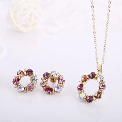 3pcs Gold Necklace Earrings Set Ladies Celebrity Simple Fashion Style Exquisite Stained Glass Diamond Circle Shape Jewelry