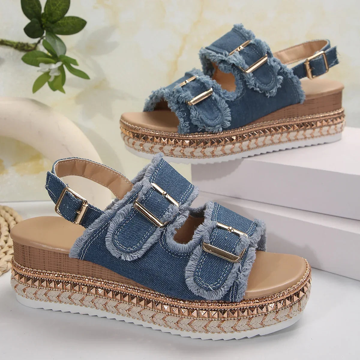 Women Wedge Sandals Summer Beach Slippers Double Buckle Non-slip Clogs Slides Women Flip Flop Platform Sandals Denim Female