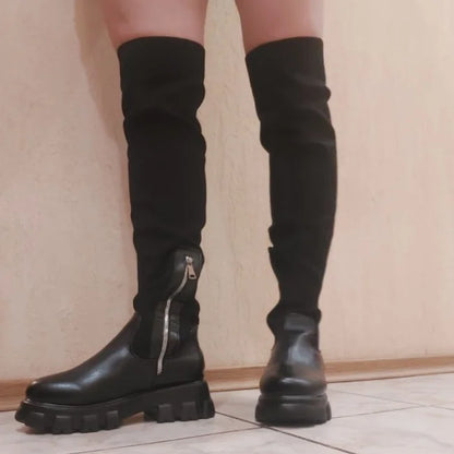 Autumn Winter Platform Leather Over-the-knee Boots Women Plus Size Stretch Boots Punk Shoes Sexy Black High Boots Breathable