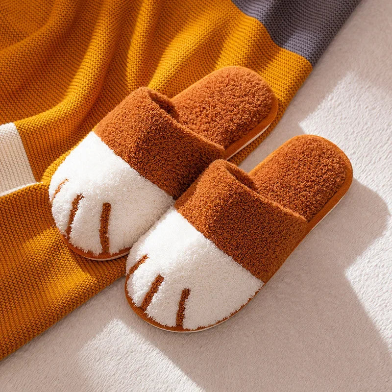 Winter Warm Plush Slippers Cute Cat Paw Designer House Women Fur Slippers Floor Mute Bedroom Lovers Indoor Fluffy Shoes2024