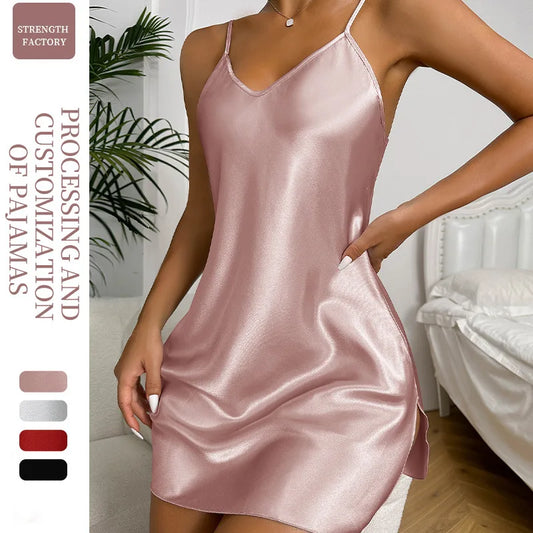 Solid Color Silk Satin Women Nightgown Sleeveless V Neck Sleepwear Side Split Female Nightwear Pajama Dress Homewear Cloth