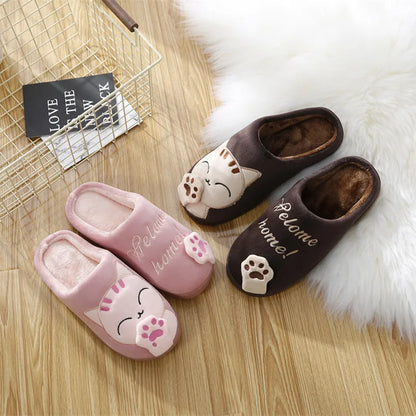 Women Home Slippers Winter Cartoon Cat Slippers Anti Slip Soft Warm Plush Indoor House Slippers Bedroom Couples Floor Shoes