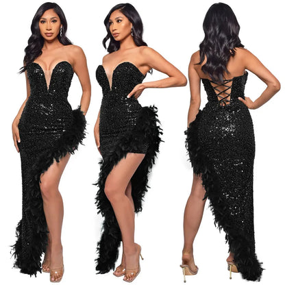 Women Evening Dresses Asymmetrical Shiny Sequins Feather Cocktail Party Dress Sexy Strapless Long Formal Prom Dresses Xiny189