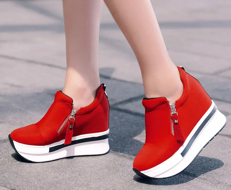 Platform Sneakers 2023 New Women Red Casual Comfortable Hidden Heel Shoe Black Canvas Shoes Wedge Heels Sneaker Tenis De Mujer