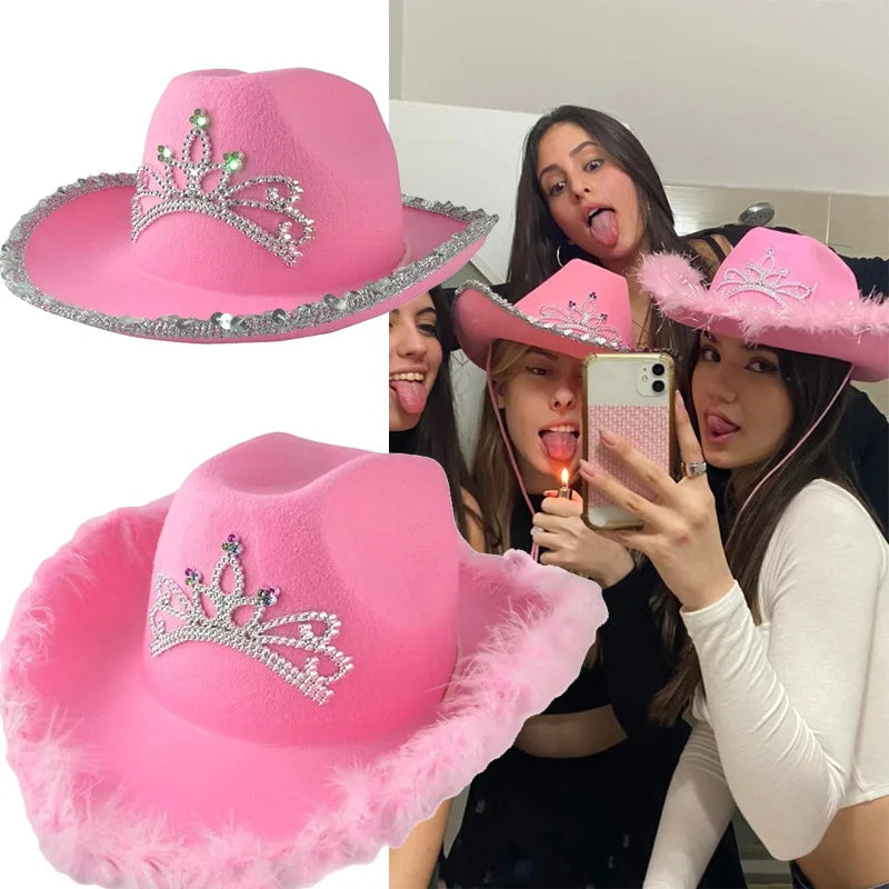 Pink Cowboy Hats for Women Girls Wide Brim Western Hats Y2K Glitter Crown Sequin Feather Caps Cowgirl Party Costume Accessories