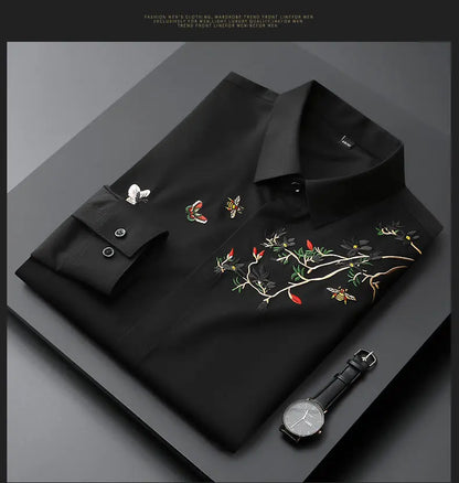 2023 New Spring and Autumn Premium Chinoiserie Embroidery Polo Long Sleeve Slim Fashion Casual Business Men's Versatile Shirt