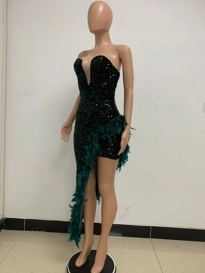 Women Evening Dresses Asymmetrical Shiny Sequins Feather Cocktail Party Dress Sexy Strapless Long Formal Prom Dresses Xiny189