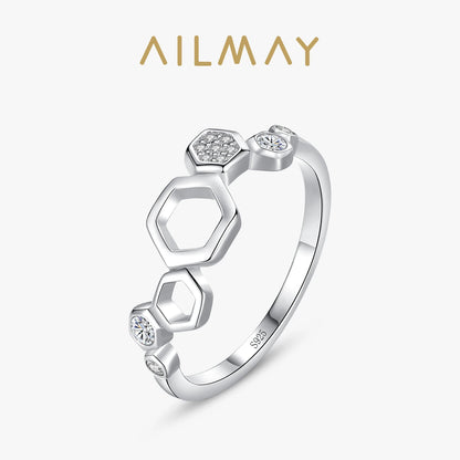 Ailmay Genuine 925 Sterling Silver Geometric Honeycomb Finger Ring Sparkling CZ Rings Clear Fine Female Fashion Jewelry