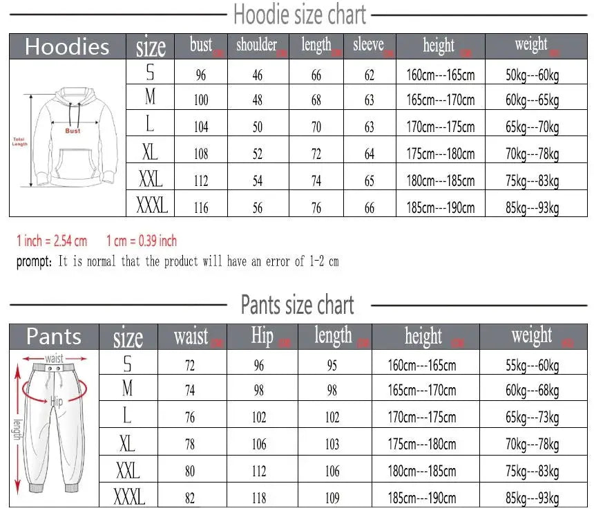 Mens Tracksuits+Sweatpants Two Pieces Suits 2024 Winter Print Zipper Hooded Sweatshirt Casual Fitness Jogging Sports Pants Sets