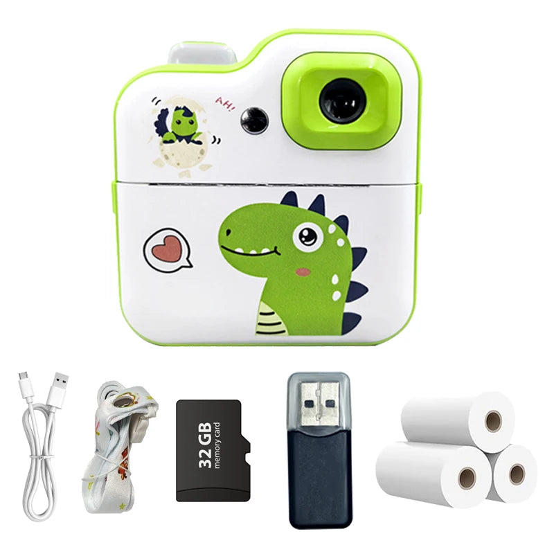 Cartoon Dinosaur Camera Toy Children Digital Camera Instant Thermal Print Camera Photo Printing Camera Video Toy+32G Memory Card