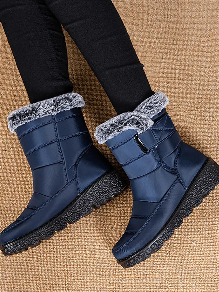 Msfilia Women Autumn Winter Rabbit Fur High Barrel Warm Velcro Waterproof Snow Boots