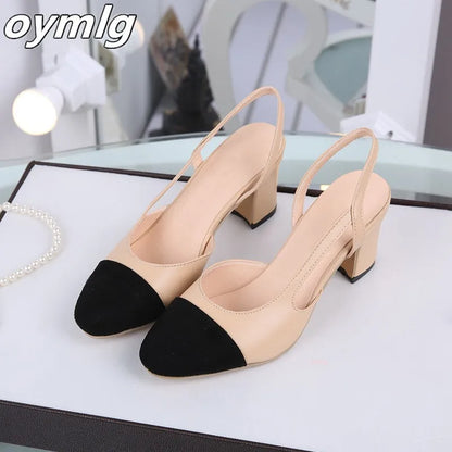 Women Slingbacks Shoes High Heels Thick High Heel Shoes Cow Leather Mixed Colors Pumps Ladies High Heel Elegant Sandals Female