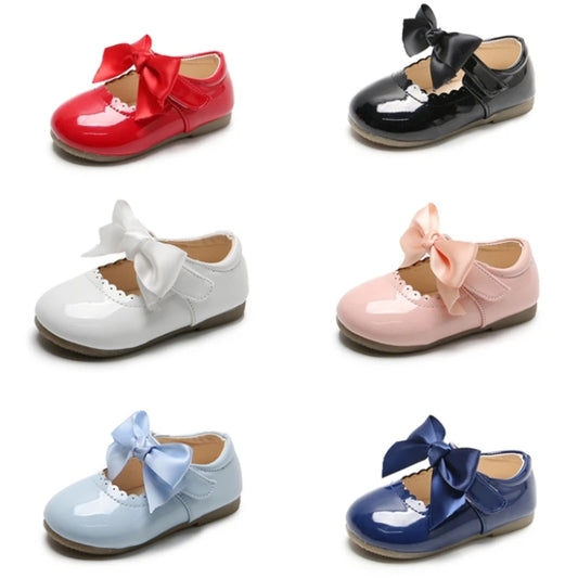 Newest Spring Autumn Baby Girls Fashion Patent Leather Big Bow Princess Mary Janes Party Shoes Solid Color Student Flats Shoes