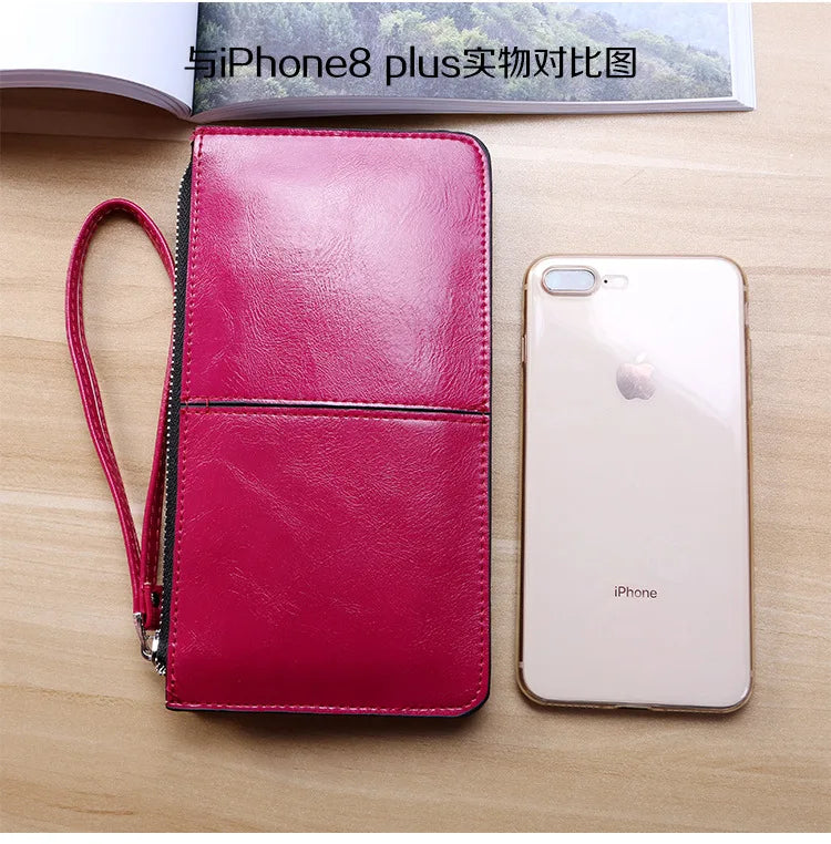 Women's Vintage Oil Wax Leather Zipper Clutch Wallet Female Large Capacity Coin Purse Ladies Wristband Simple Card Holder Wallet